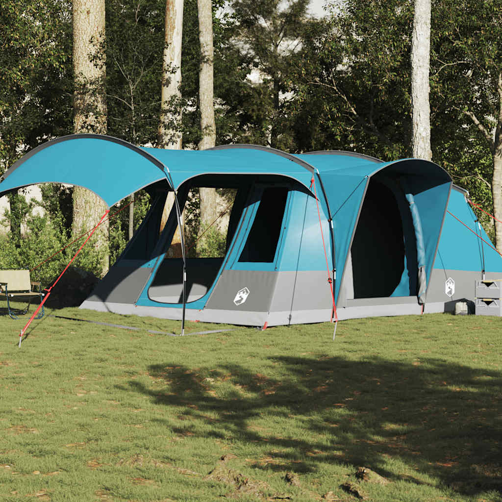 Blauwe vidaXL tunneltent voor 5 personen met luifel, geplaatst op gras.