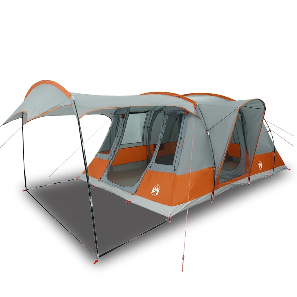 Zijaanzicht van de vidaXL tunneltent in grijs en oranje met een ruime voortent.