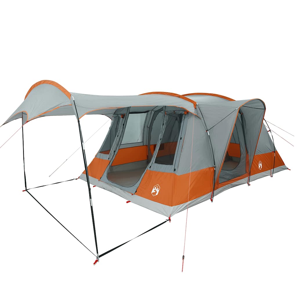 Detail van de vidaXL tunneltent met grijze en oranje kleuren, zijaanzicht met ingangen zichtbaar.