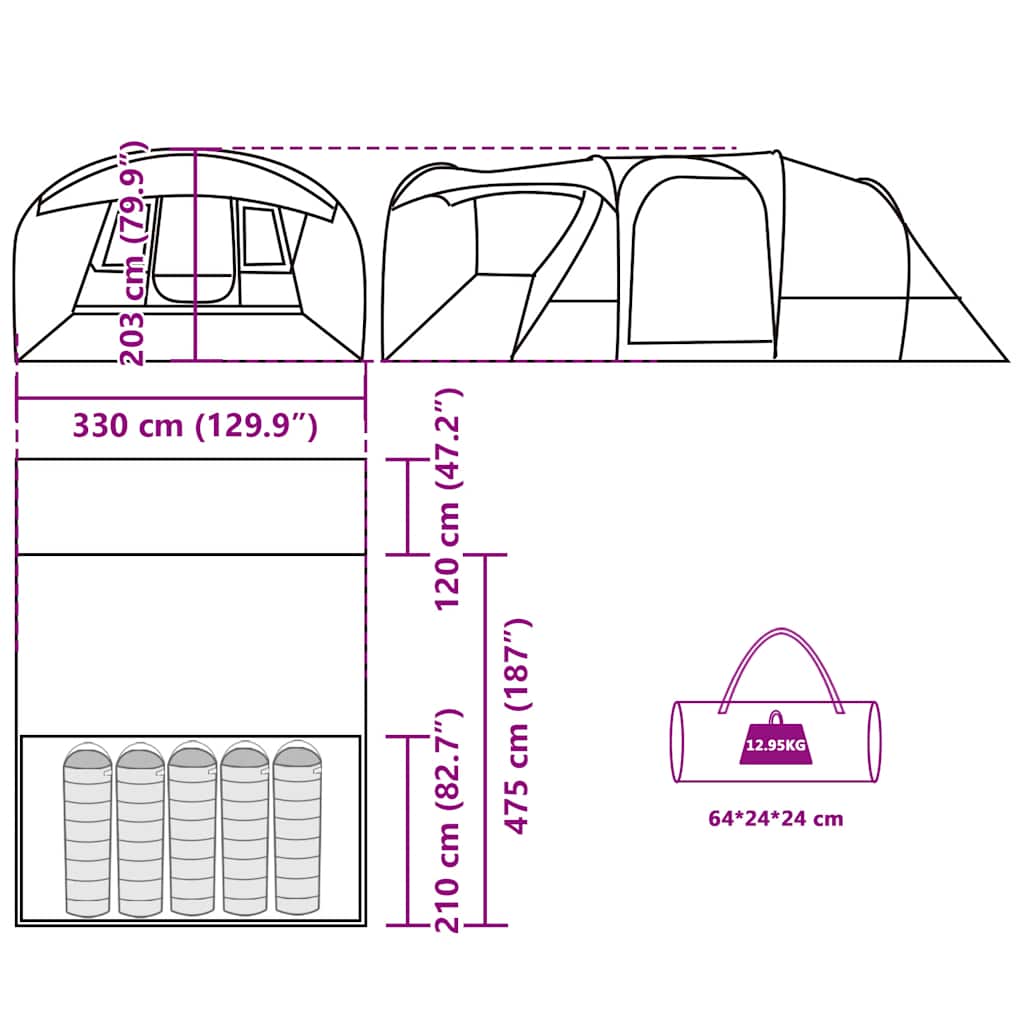 Detailweergave van de afmetingen en indeling van de vidaXL 5-persoons tunneltent.