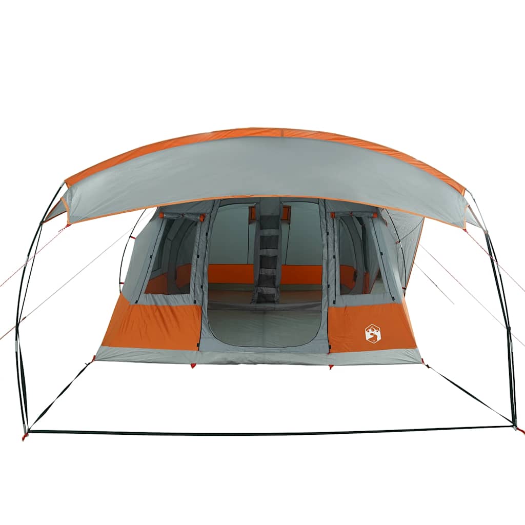 Zijaanzicht van de vidaXL tunneltent, grijs met oranje details en ruime ingang.