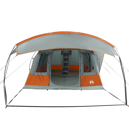 Zijaanzicht van de vidaXL tunneltent, grijs met oranje details en ruime ingang.