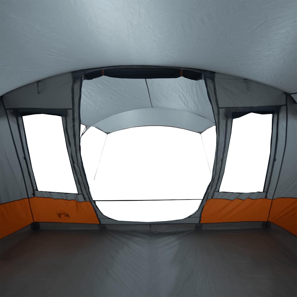 Binnenkant van de vidaXL tunneltent met grijze en oranje details, voorzien van grote ramen.