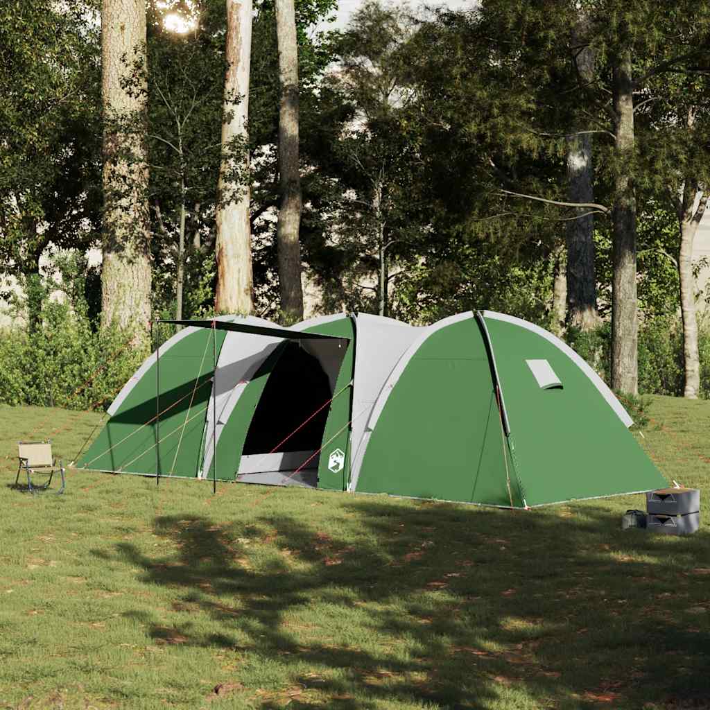 Zijaanzicht van de vidaXL koepeltent, groen met grijze luifel in een bosrijke omgeving.