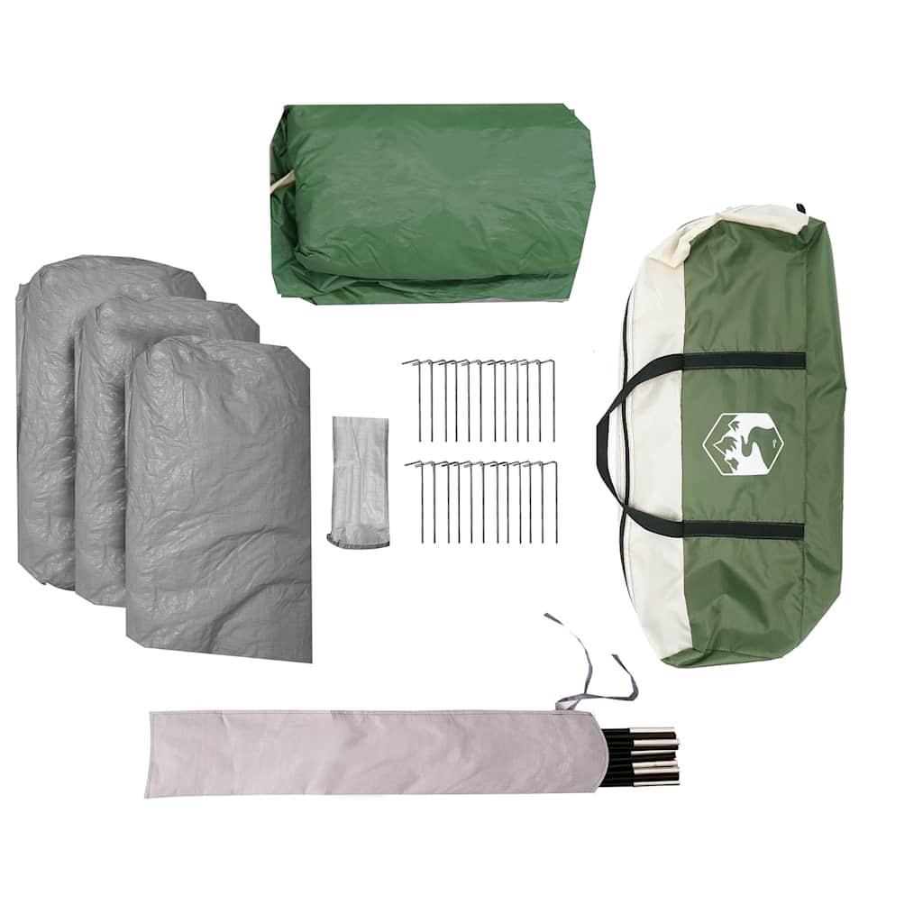Detail van de accessoires van de vidaXL 8-persoons koepeltent in groen, inclusief stokken en haringen.