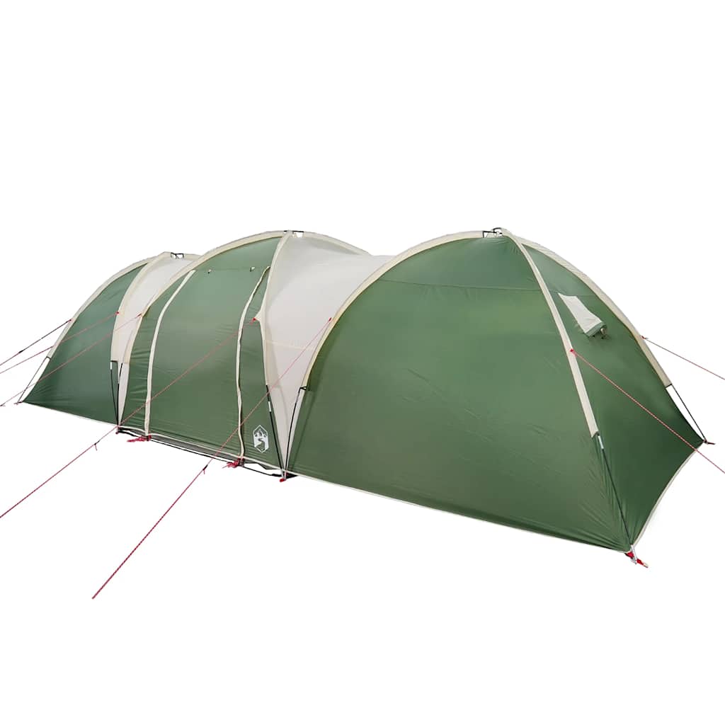 Detail van de vidaXL koepeltent in groen, zijaanzicht met luifeloptie en tentstokken.