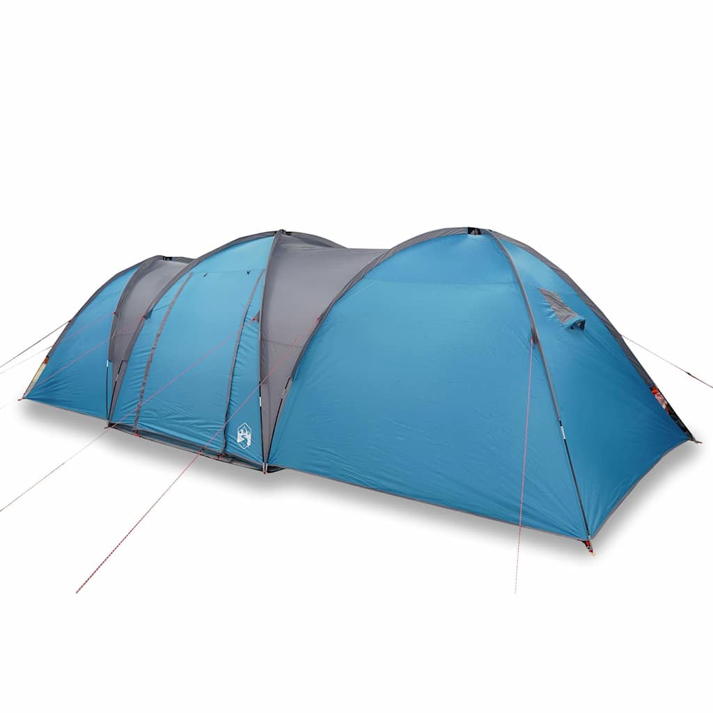 Zijaanzicht van de vidaXL koepeltent, blauw, met waterdicht ontwerp en ventilatieopeningen.