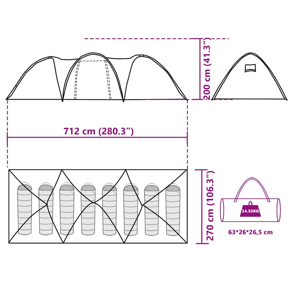 Detailweergave van de afmetingen en opbergtas van de vidaXL 8-persoons koepeltent.