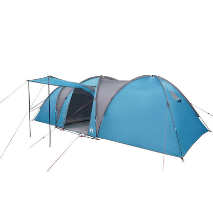 Zijaanzicht van de vidaXL koepeltent in blauw met voortent en open ingang.