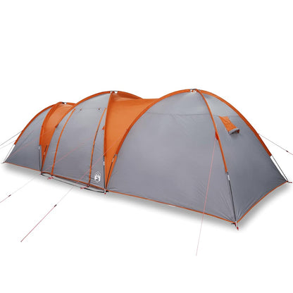 Zijaanzicht van de vidaXL koepeltent in grijs met oranje accenten, waterdicht en ruim voor 8 personen.