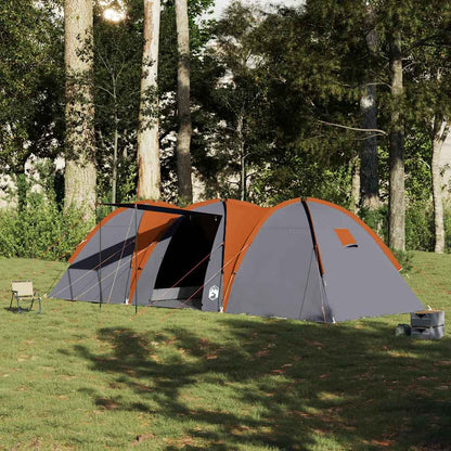 Detail van de vidaXL koepeltent in grijs en oranje, met een zijaanzicht in een groene omgeving.