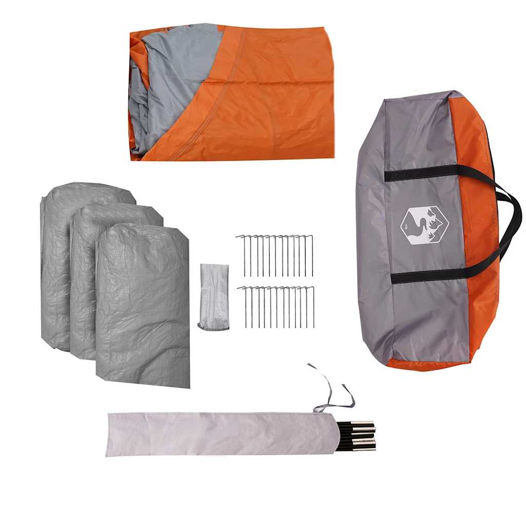 Detail van de grijs-oranje vidaXL koepeltent met accessoires en opbergzak.