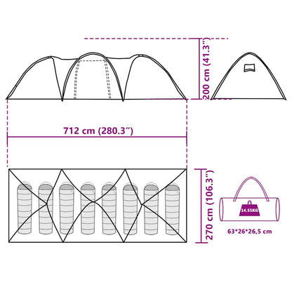 Detailtekening van de vidaXL 8-persoons koepeltent met afmetingen en opbergmogelijkheden.