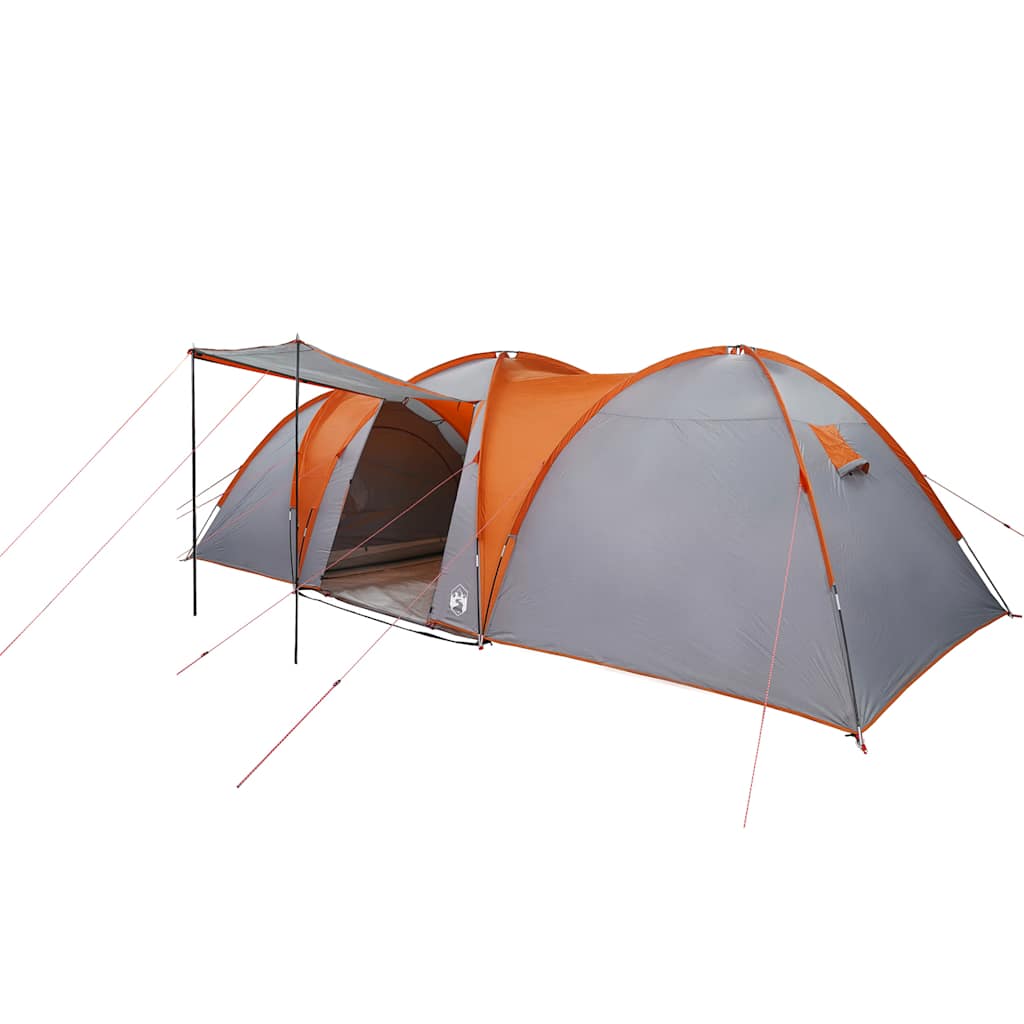 Detail van de vidaXL koepeltent in grijs en oranje, zijaanzicht met ingangen en ventilatieopeningen.