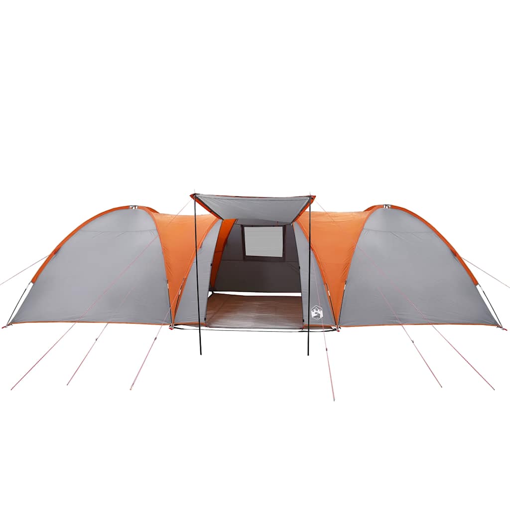 Detail van de vidaXL koepeltent met grijze en oranje kleuren, zijaanzicht met open ingang.
