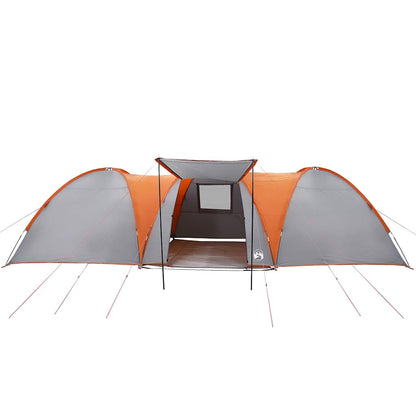Detail van de vidaXL koepeltent met grijze en oranje kleuren, zijaanzicht met open ingang.