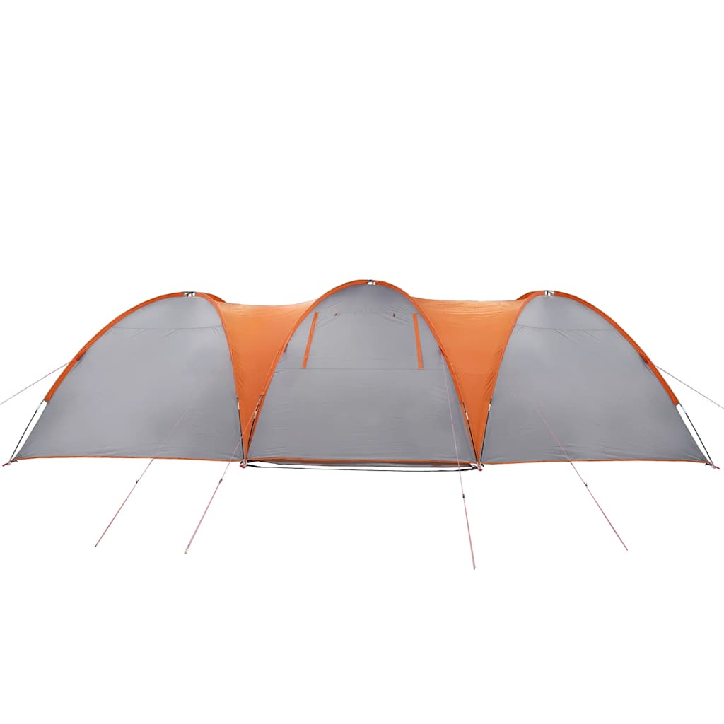 Detail van de grijs-oranje vidaXL koepeltent met drie bogen en ingangen.