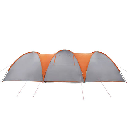 Detail van de grijs-oranje vidaXL koepeltent met drie bogen en ingangen.