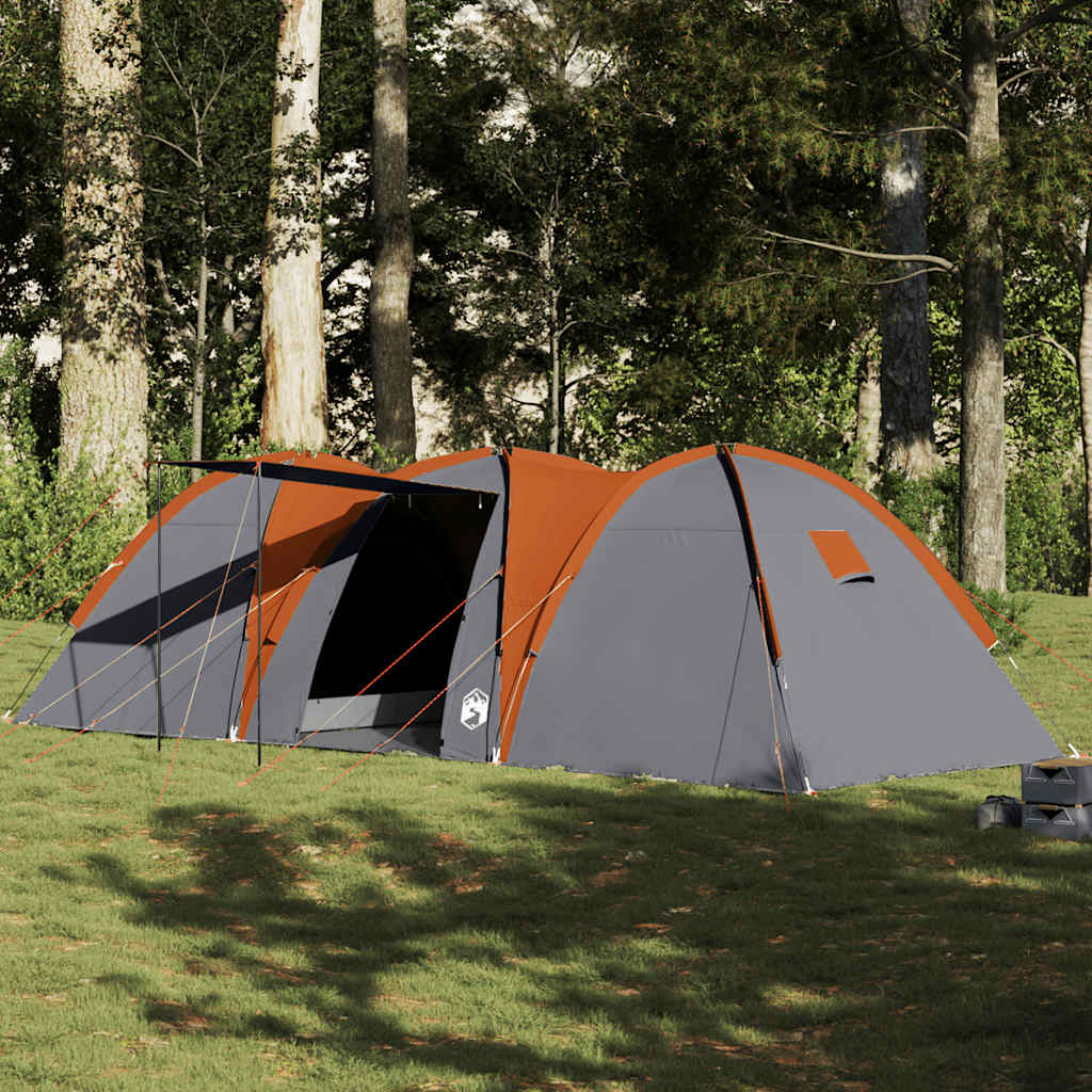 Koepeltent vidaXL voor 8 personen in grijs en oranje, waterdicht ontwerp in natuurlijke omgeving.