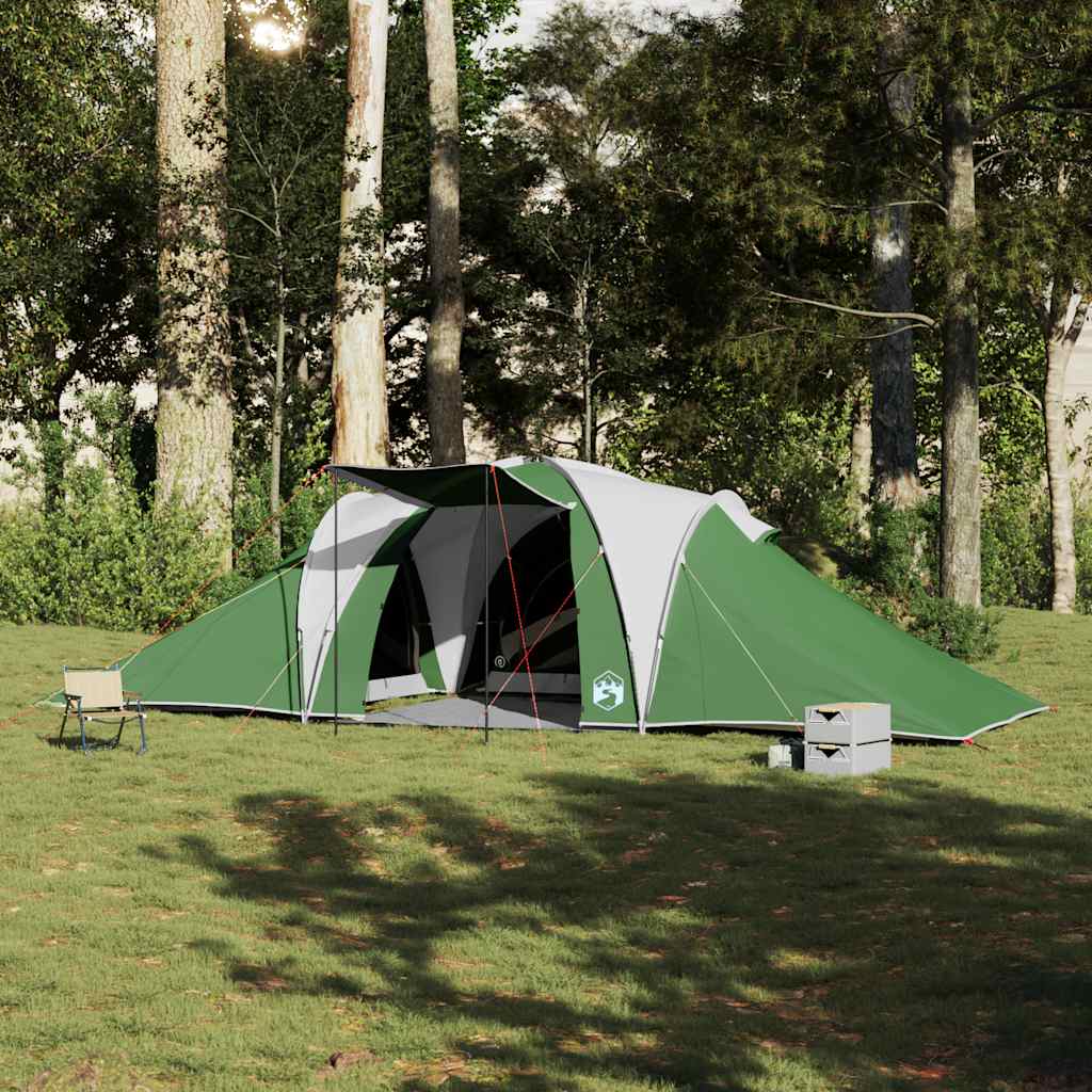 Detail van de vidaXL koepeltent in groen, met open ingang en opstelling in de natuur.