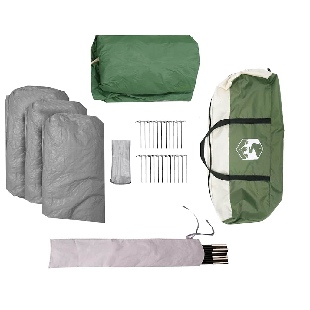 Detail van de accessoires van de vidaXL 6-persoons koepeltent in groen en grijs.
