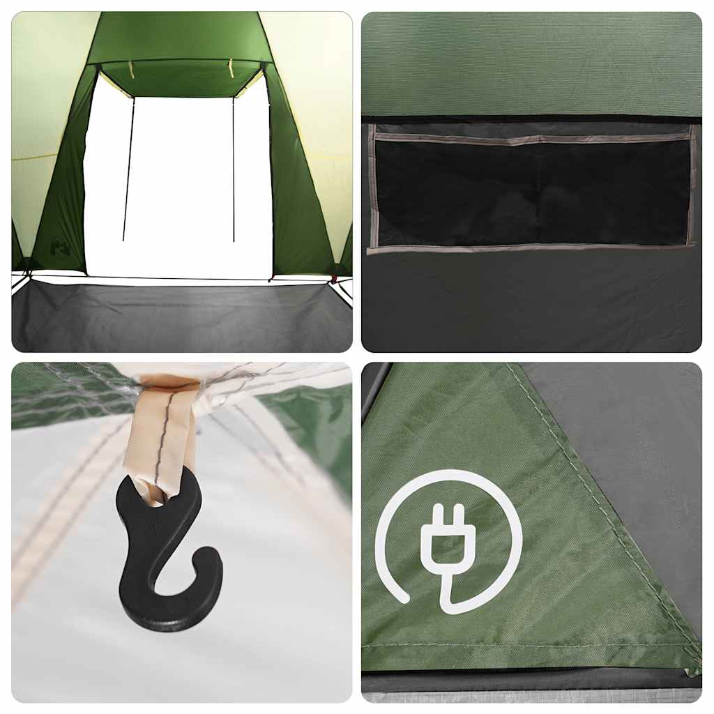 Detail van de groene vidaXL koepeltent met een opbergvak en haak voor verlichting.