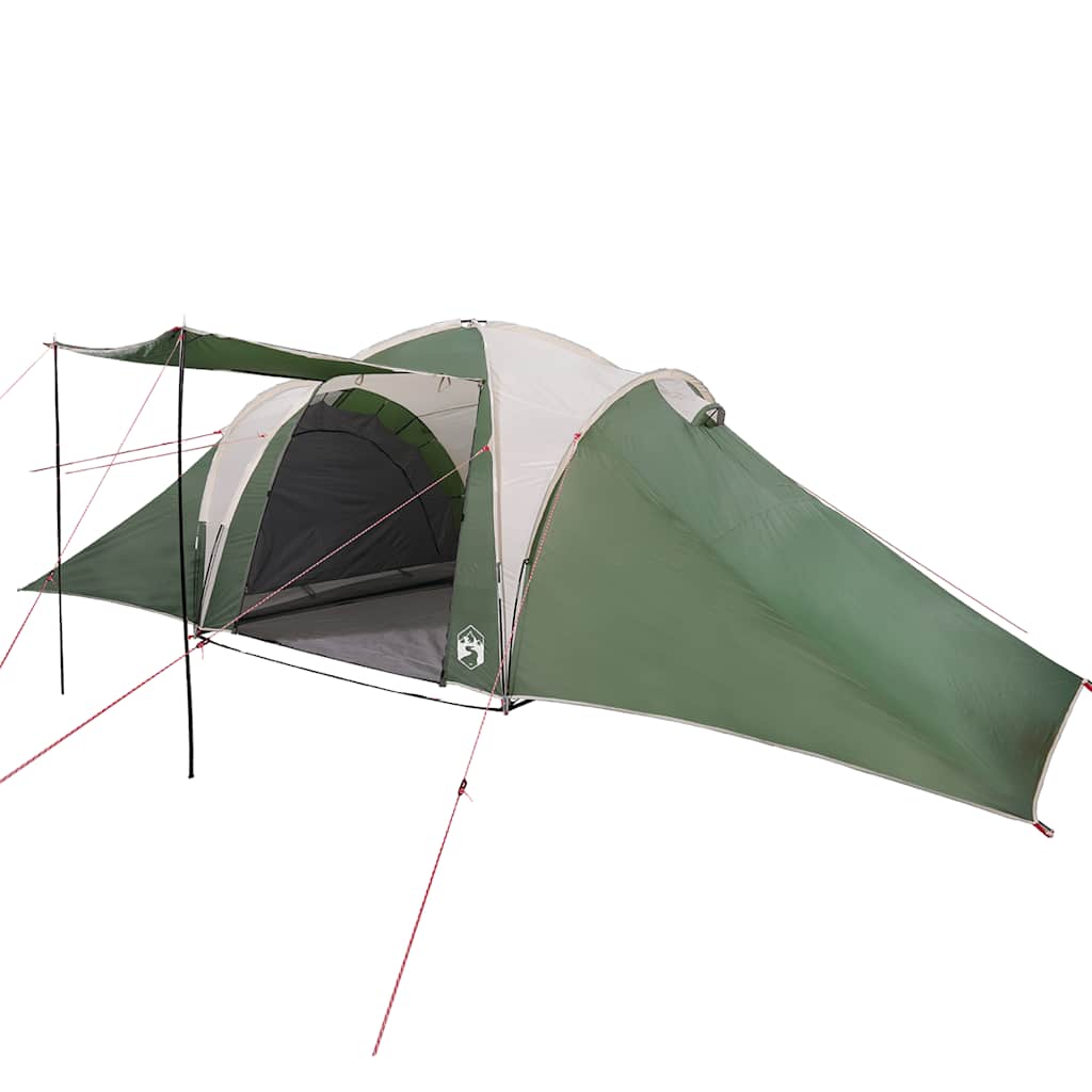 Detail van de vidaXL koepeltent in groen met opgezette luifel en zijaanzicht.