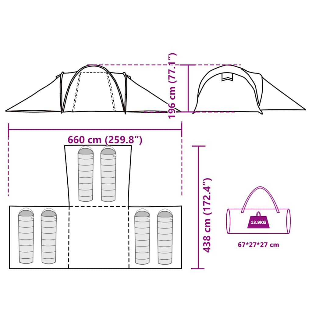 Detailtekening van de vidaXL koepeltent met afmetingen en opbergmogelijkheden.
