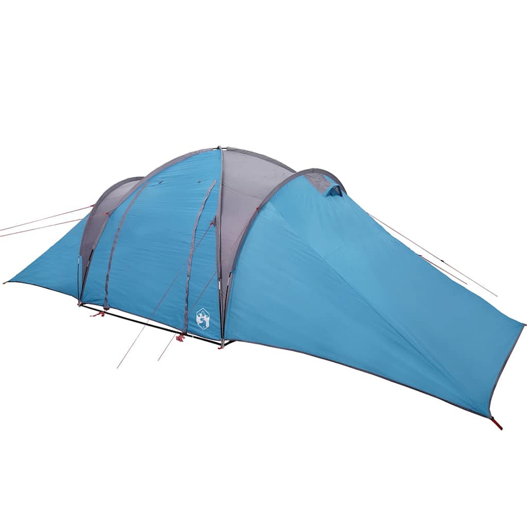 Zijaanzicht van de vidaXL 6-persoons koepeltent in waterdicht blauw met luifel.