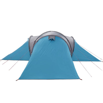 Detail van de vidaXL koepeltent in blauw met een zicht op de ingang en luifel.