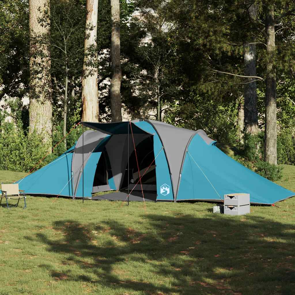 Blauwe vidaXL koepeltent voor 6 personen, volledig waterdicht in een natuurlijke omgeving.