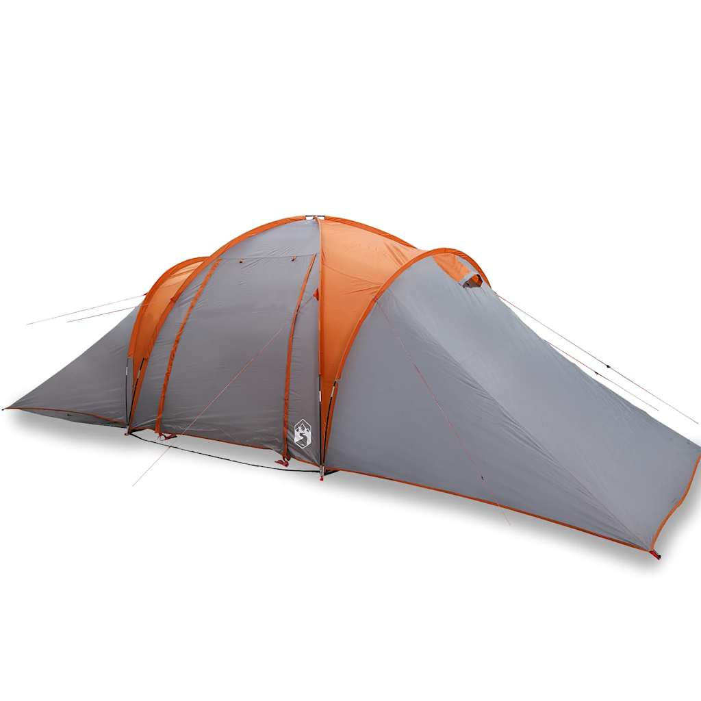 Zijaanzicht van de vidaXL koepeltent in grijs met oranje details.
