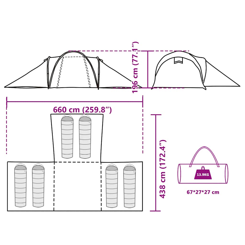 Detailweergave van de afmetingen en opbergspecificaties van de vidaXL koepeltent.