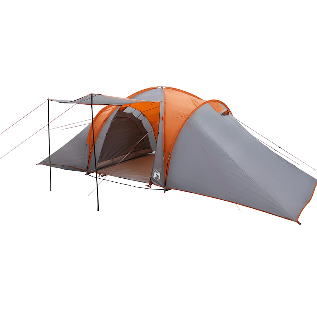 Zijaanzicht van de vidaXL koepeltent met grijze en oranje kleuren, inclusief luifel.