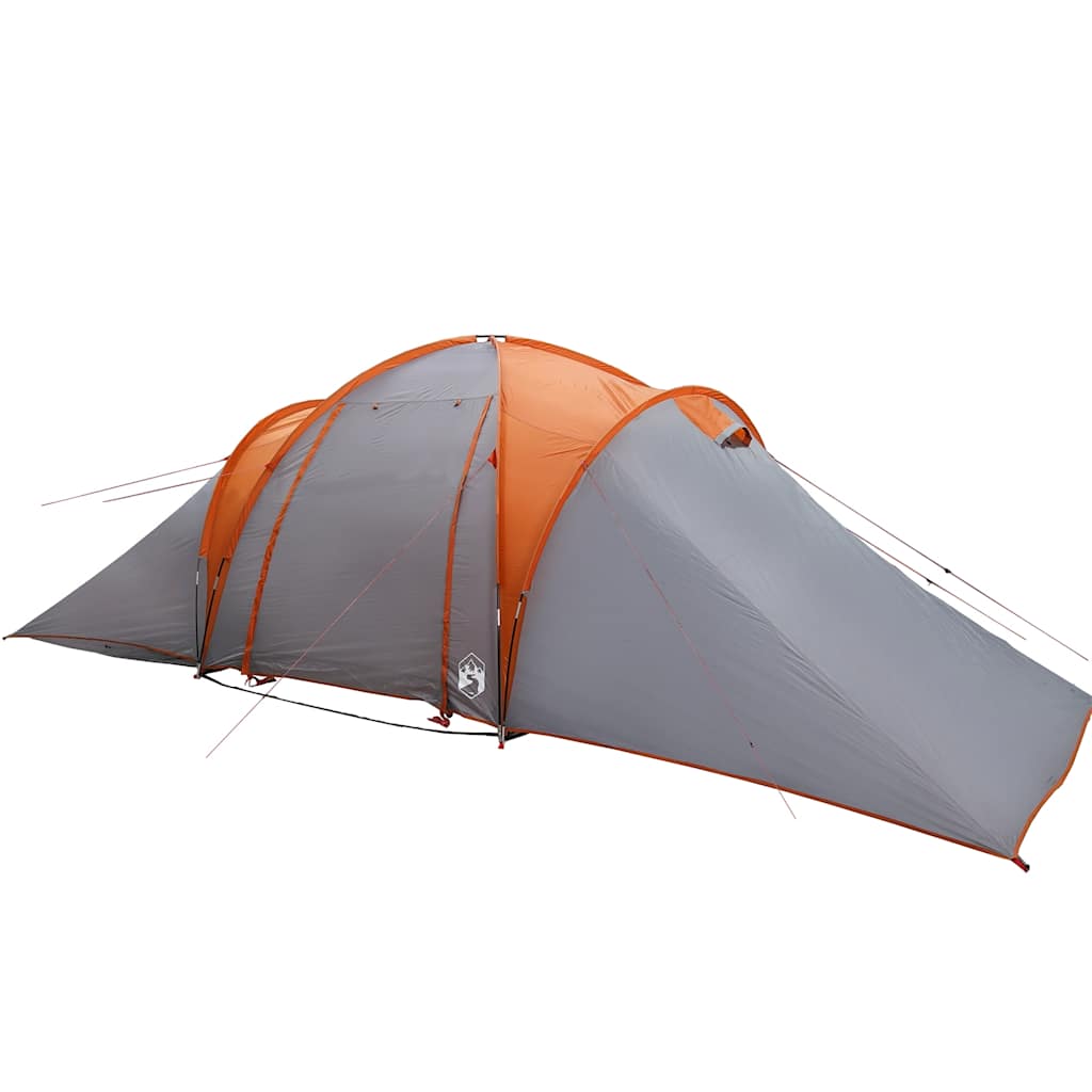 Zijaanzicht van de vidaXL koepeltent in grijs met oranje details, met opgezette luifel.