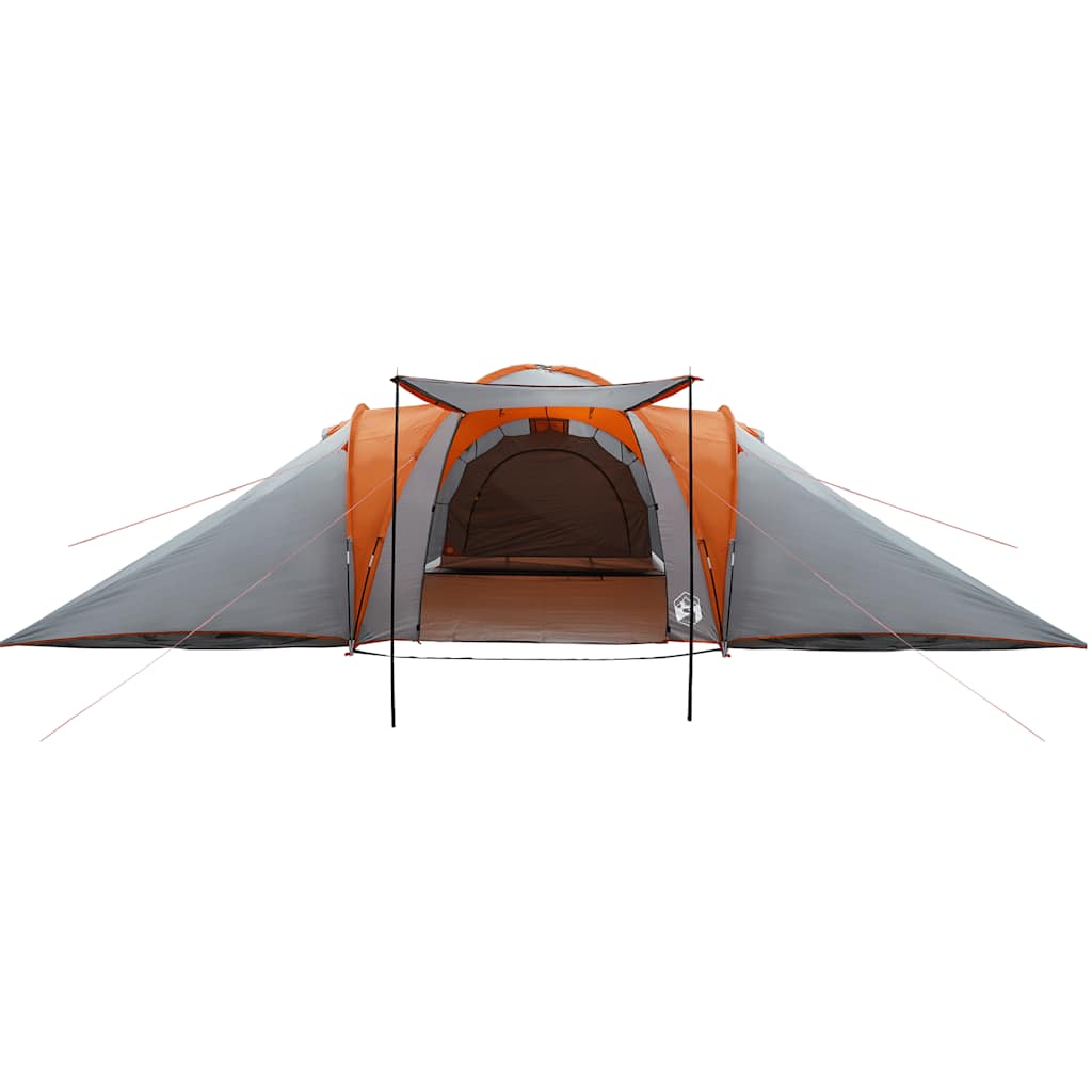 Zijaanzicht van de vidaXL koepeltent, grijs met oranje details en ruime ingang.