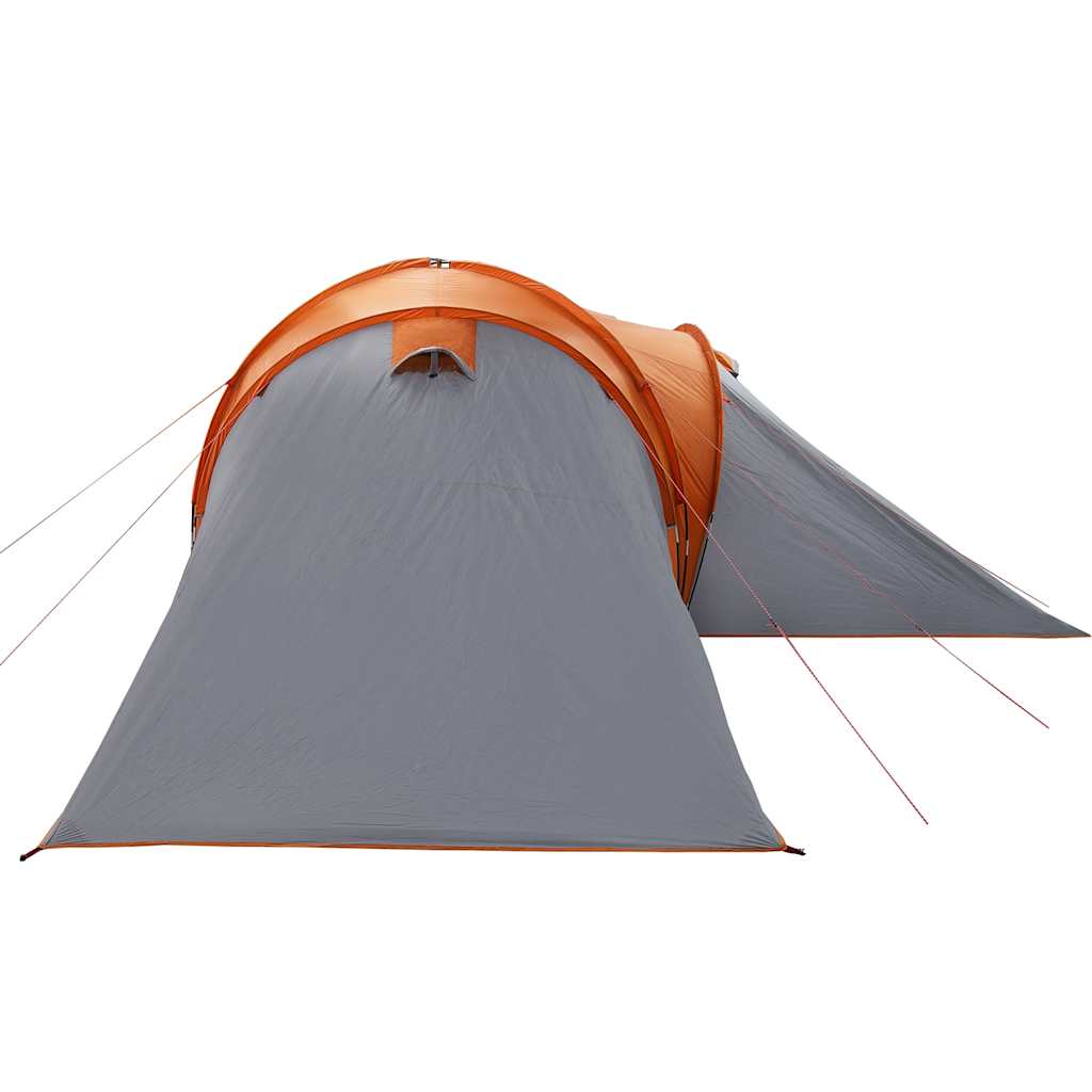 Detail van de grijs-oranje vidaXL koepeltent, zijaanzicht met ingang en luifel.