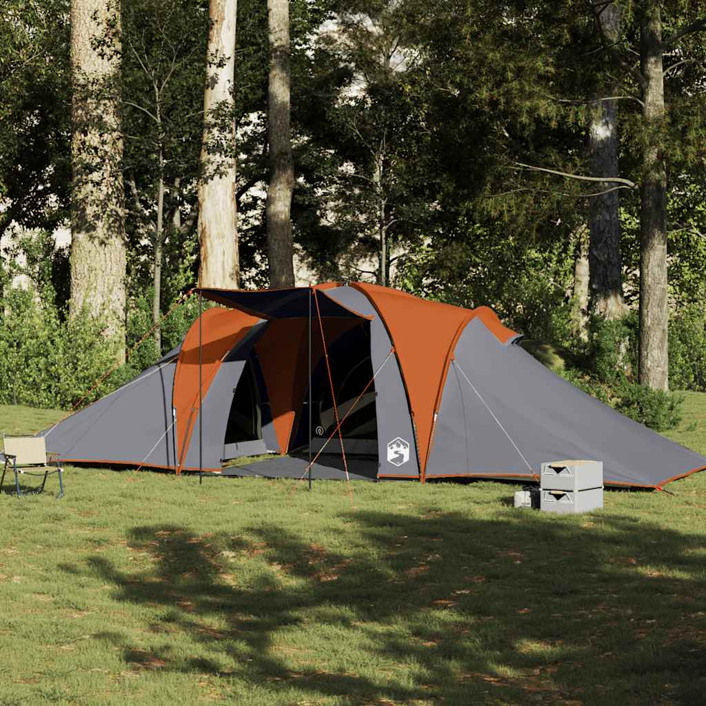 Koepeltent vidaXL 6-persoons in grijs en oranje, opgesteld in een groene omgeving.