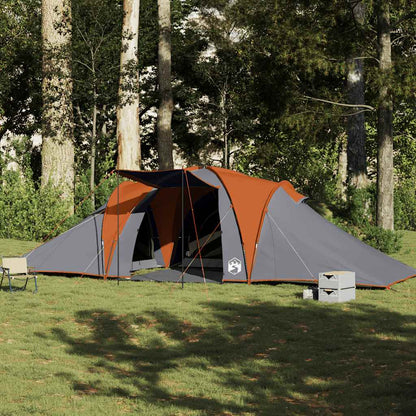 Koepeltent vidaXL 6-persoons in grijs en oranje, opgesteld in een groene omgeving.