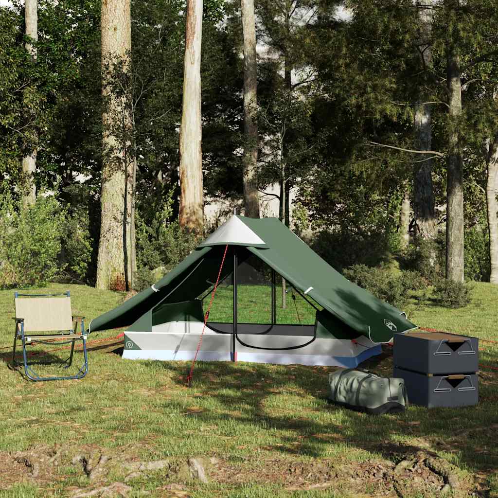 Detail van de vidaXL 2-persoons tent in groen, opgezet in een bosrijke omgeving.