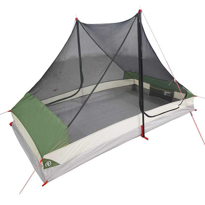 Detail van de vidaXL 2-persoons tent met groene hoeken en een insectenwerend gaas.