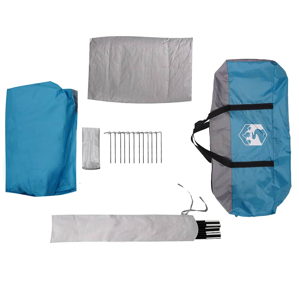 Detailweergave van de lichtgewicht vidaXL 2-persoons tent in blauw, inclusief stokken en haringen.