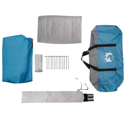 Detailweergave van de lichtgewicht vidaXL 2-persoons tent in blauw, inclusief stokken en haringen.