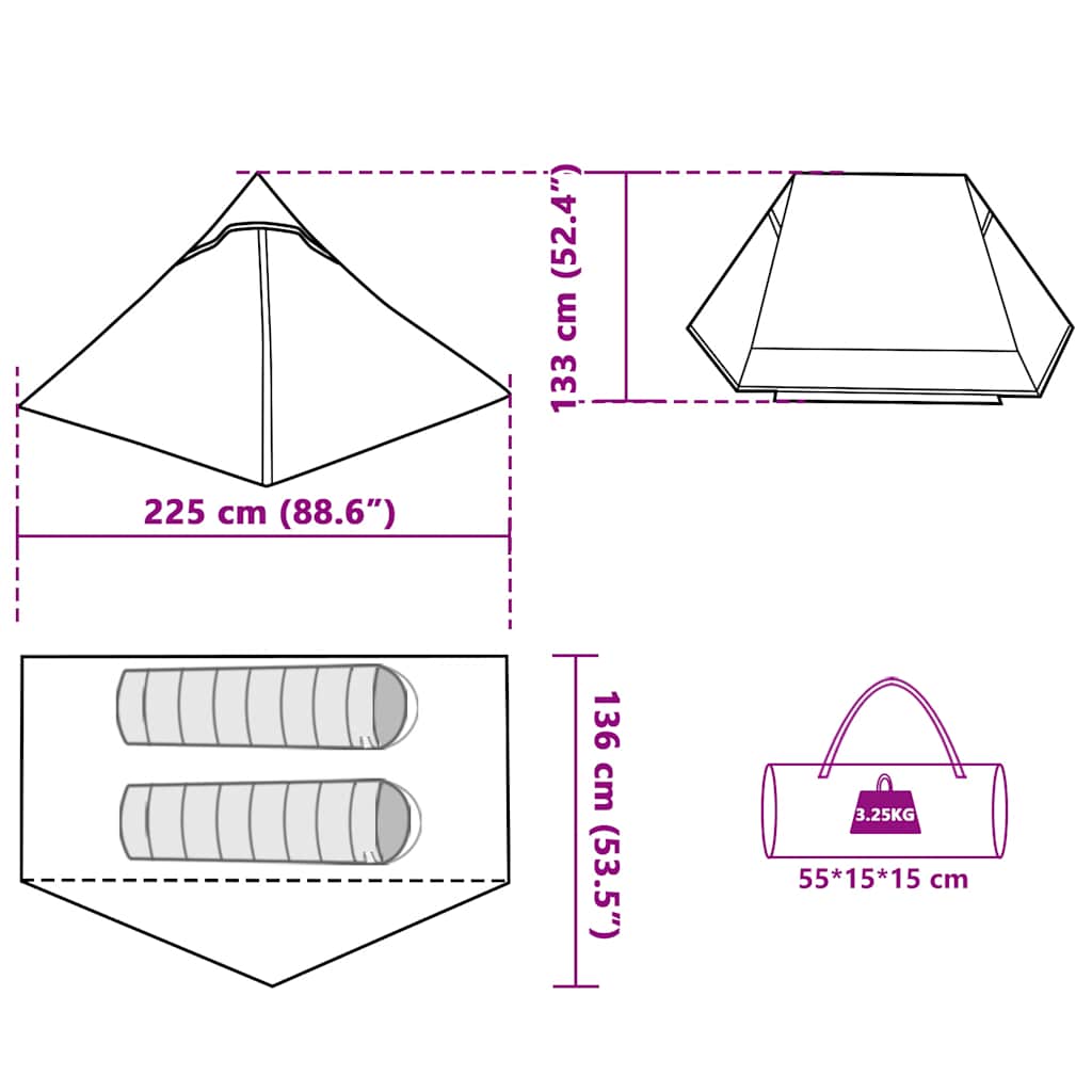 Detail van de tent vidaXL 2-persoons, met afmetingen en gewicht in een technische tekening.