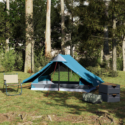 Zijaanzicht van de vidaXL 2-persoons tent in blauw, geplaatst op gras met kampeeraccessoires.