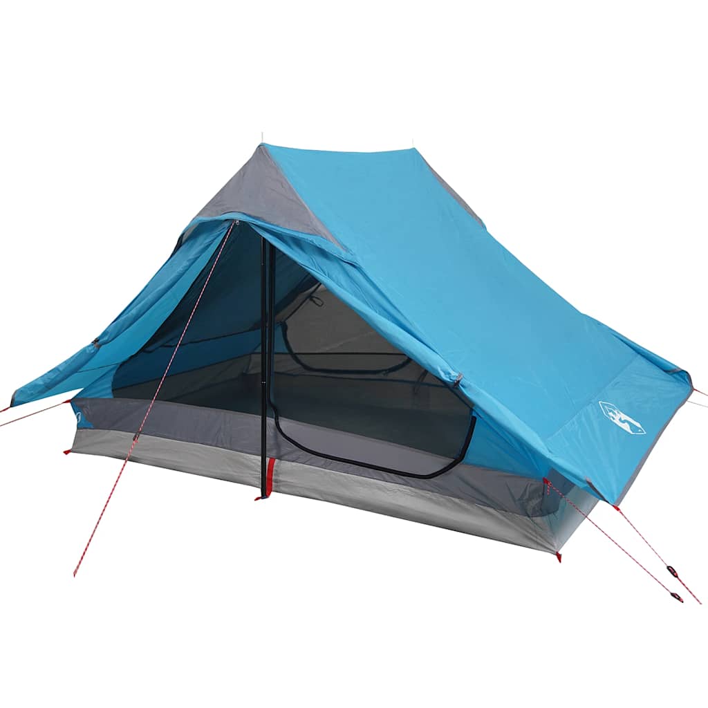 Detail van de lichtgewicht vidaXL 2-persoons tent in blauw met open deur en ventilatie.