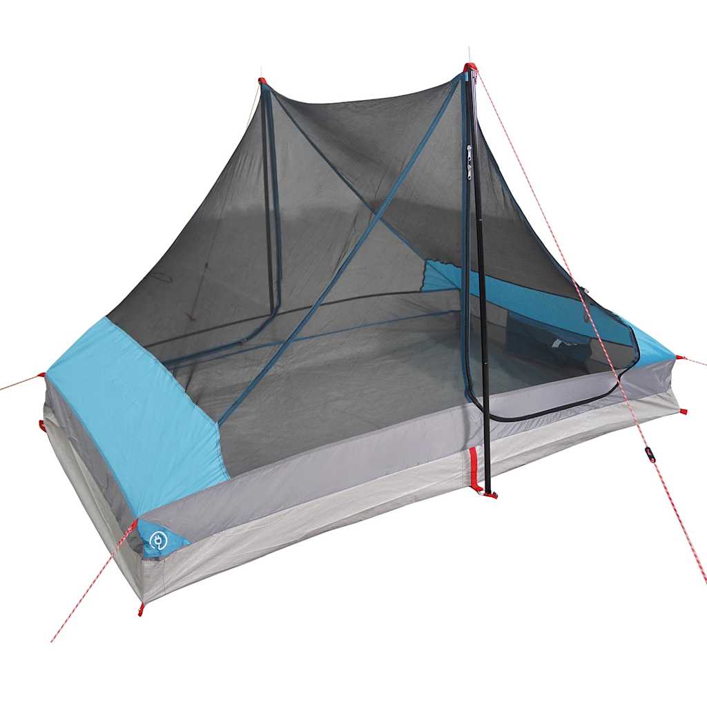 Detail van de vidaXL 2-persoons tent met blauw en grijs ontwerp, zijaanzicht.