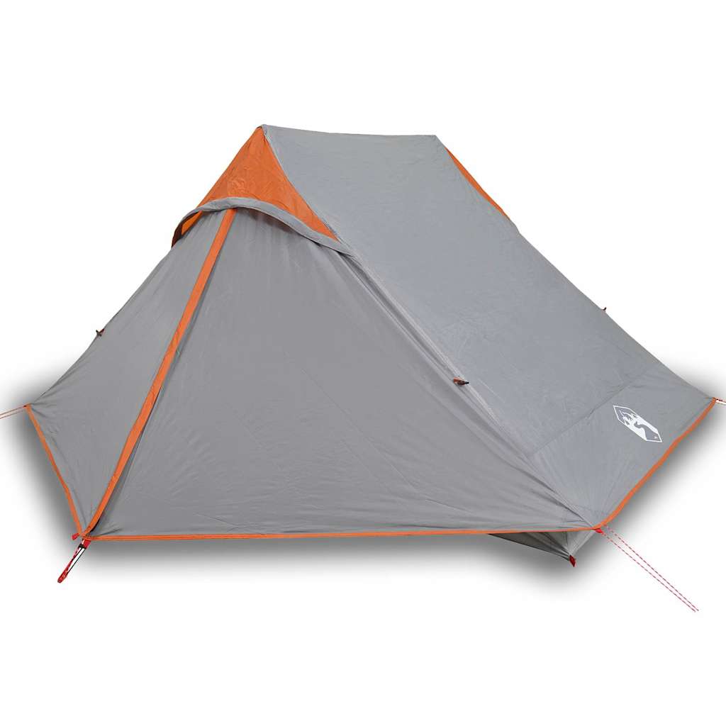 Detail van de grijze vidaXL 2-persoons tent met oranje accenten, zijaanzicht.