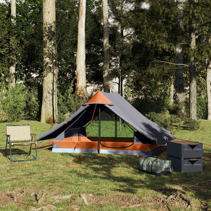 Detail van de vidaXL 2-persoons tent in grijs met oranje accenten, opgezet in de natuur.