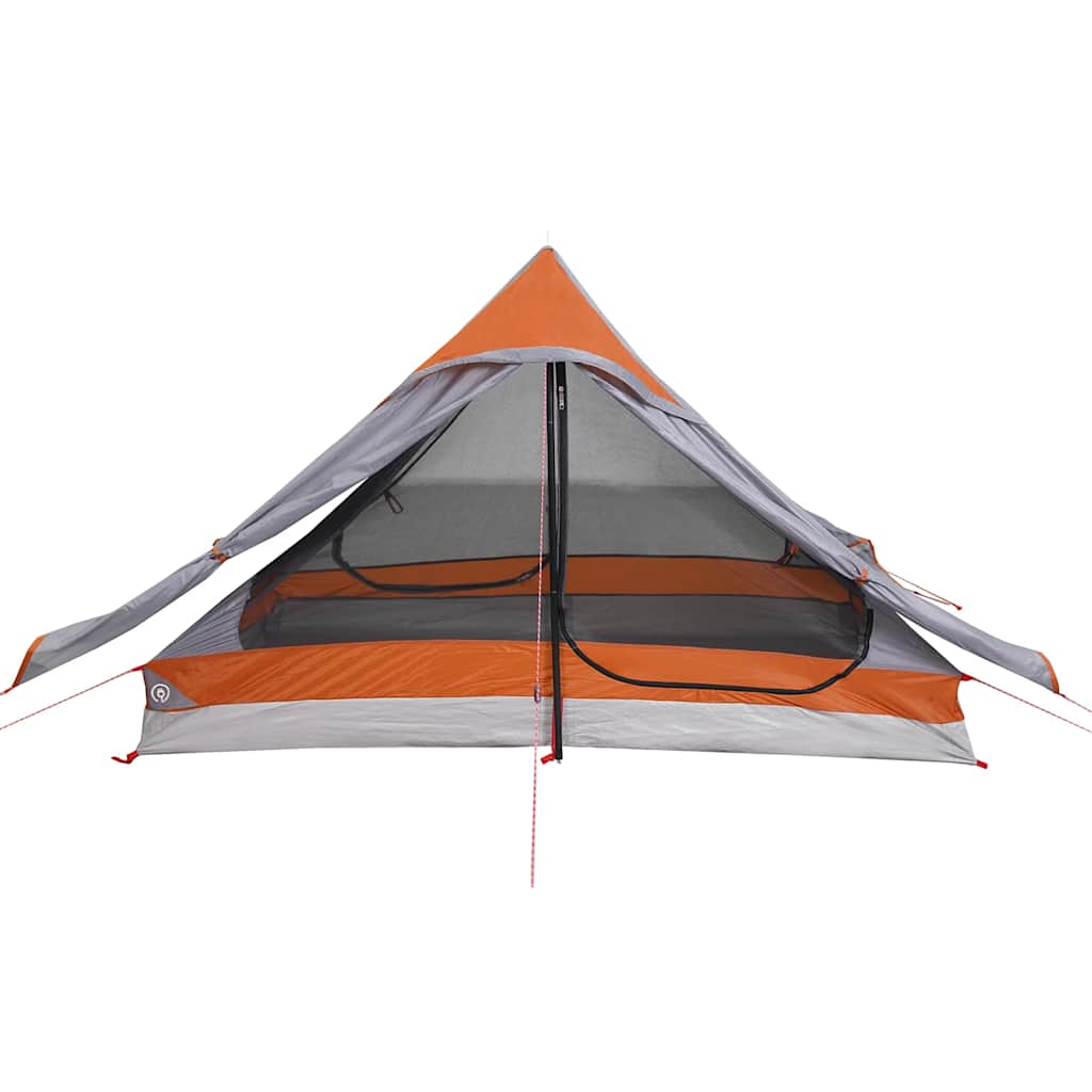 Detail van de grijze vidaXL 2-persoons tent met oranje accenten en open ingang.
